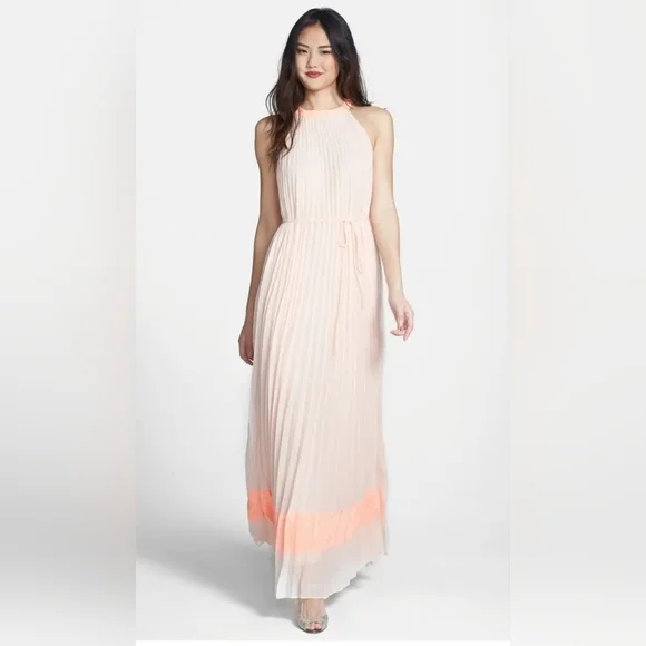 strapless open back dress Hot Pink Pleated Satin Lace Back Maxi Dress - Event Dresses main image 0